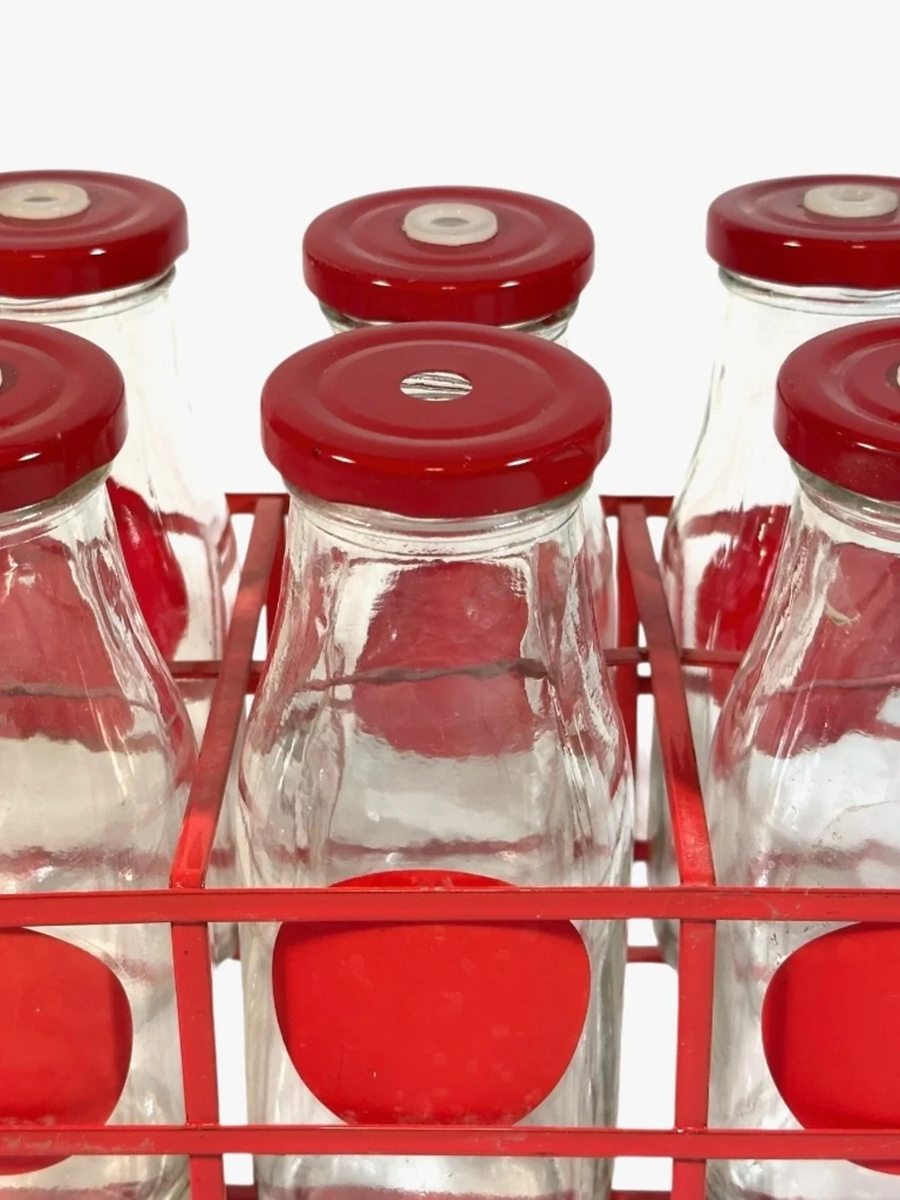 Set 6 Glass Bottles in Red Metal Carrier w/ Holes for Straws, Farmhouse Chic